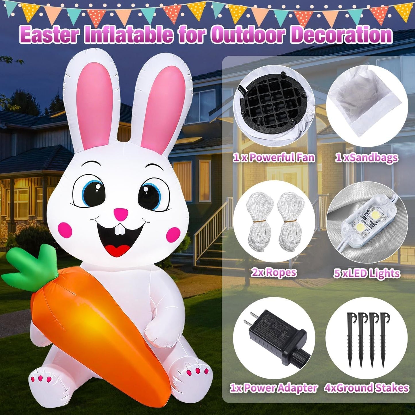5 Ft Easter Inflatables Easter Decorations, Blow up Easter Bunny with LED Lights Baskets Light up Easter Decor, Easter Decorations for Home Holiday Party Indoor Outdoor Garden Lawn