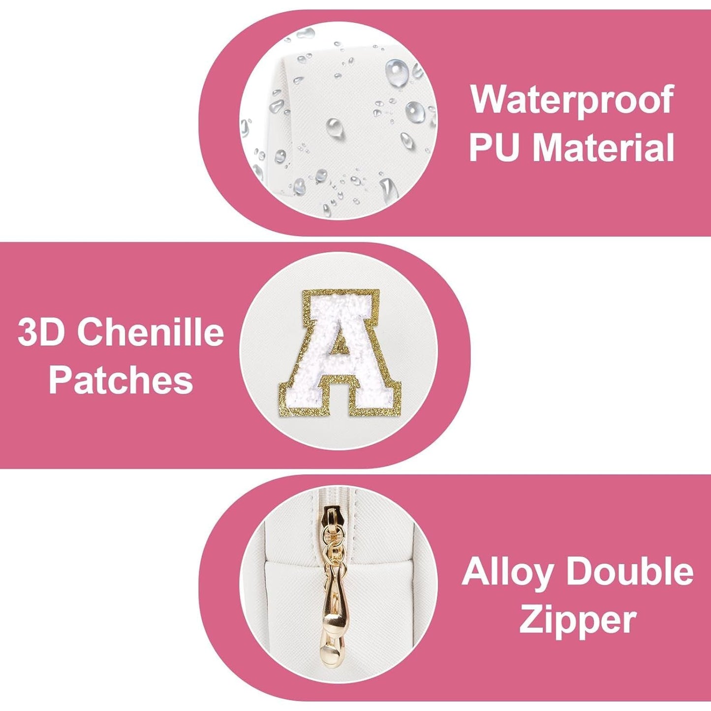 Small Personalized Initial A-Z Preppy Patch Makeup Bag,White PU Chenille Letter Travel Cosmetic Pouch with Zipper,Cute Toiletry Bag,Gift Ideal for Teen Girls Women Teacher Bridesmaid,Letter A