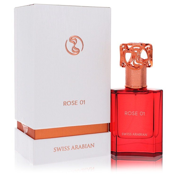 Rose 01 Eau de Parfum spray bottle with red glass and matching box, Swiss Arabian branding
