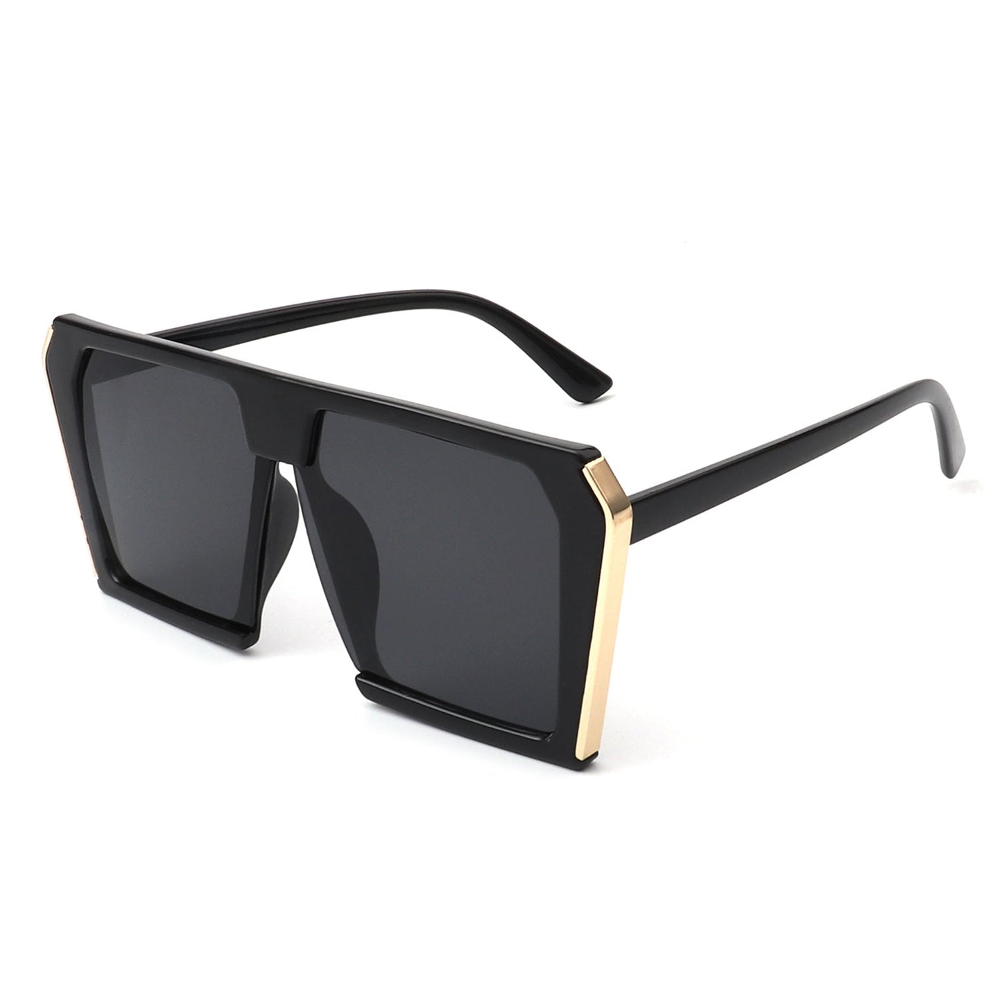 Oversize square sunglasses with black frames, gold-tone accents, and dark lenses