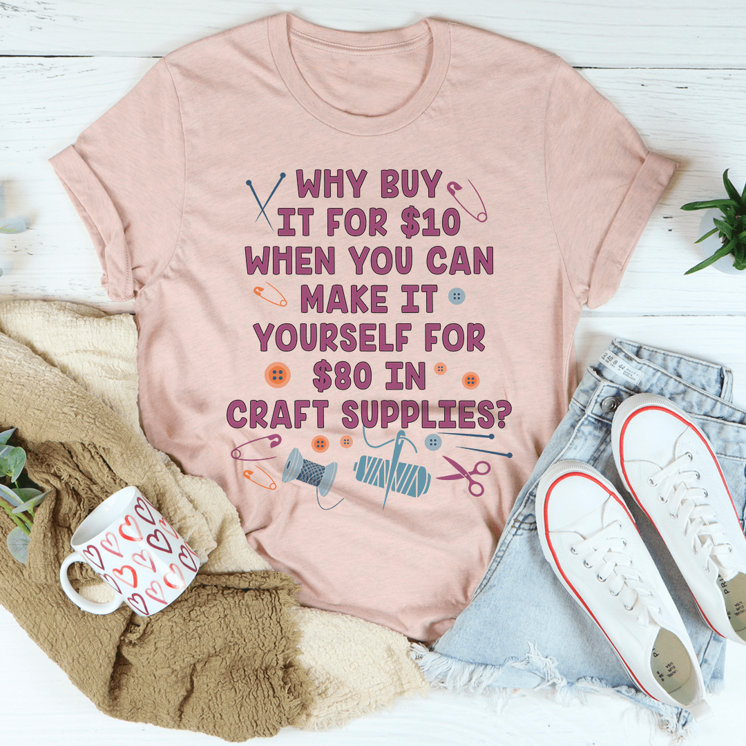 Blush pink crew-neck T-shirt with colorful craft quote graphic on front.