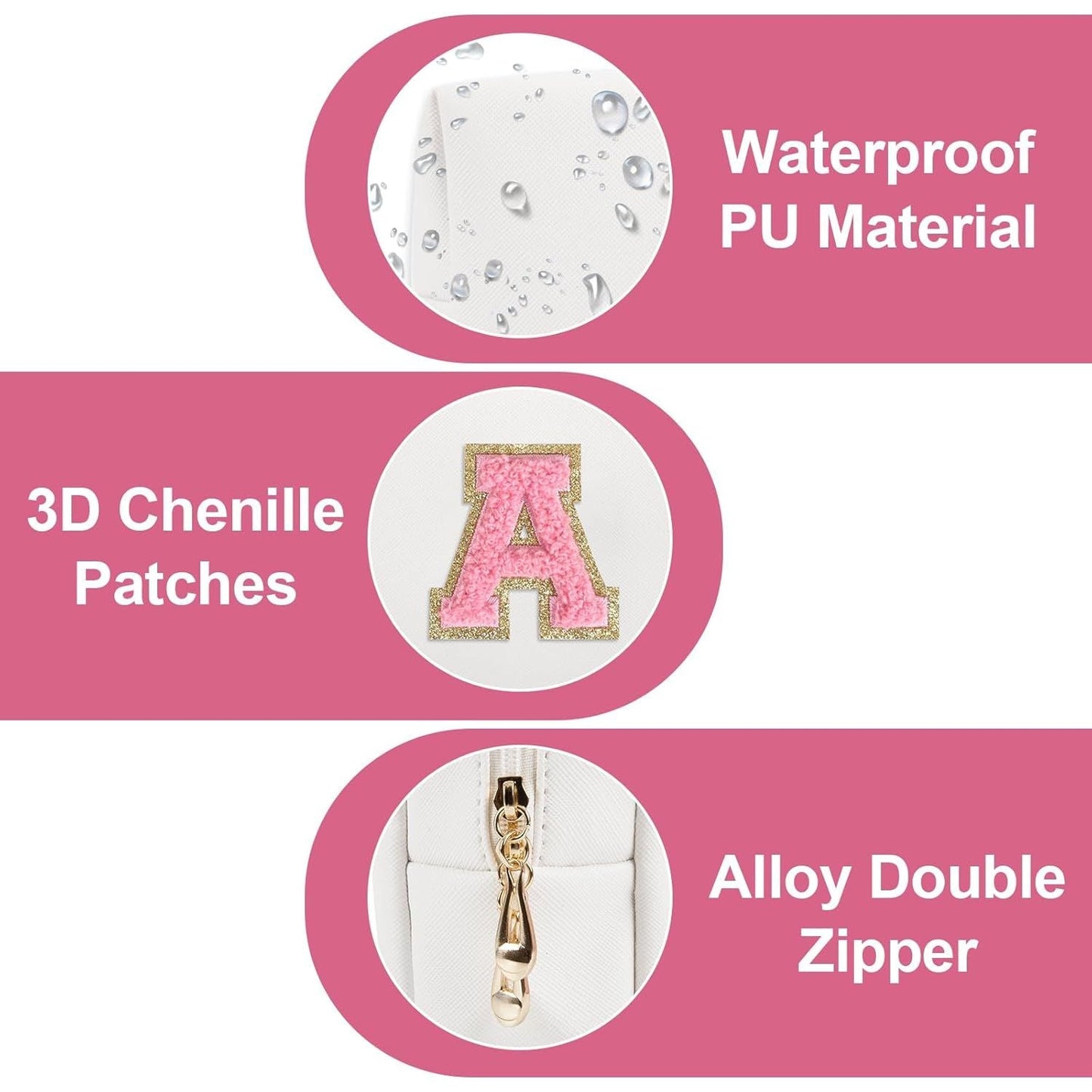 Personalized Makeup Bag Initial A-Z Preppy Patch Bag,Small PU Leather Travel Cosmetic Bag Pouch with Zipper,White Cute Toiletry Bag,Gift Ideal for Teen Girls Women Birthday Friend Mom,Letter A