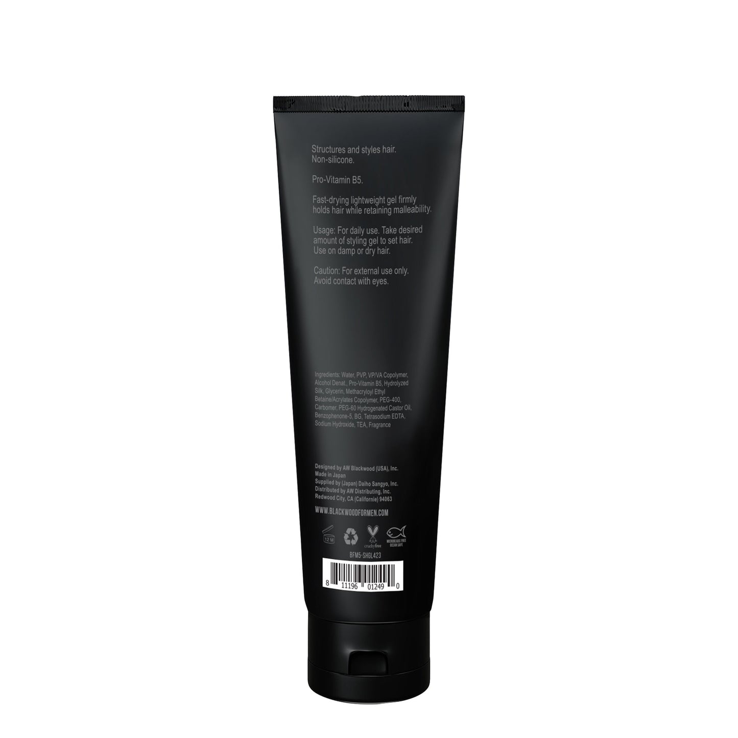 Blackwood hair sculpting gel tube, back label with ingredients and barcode, 4.23 oz
