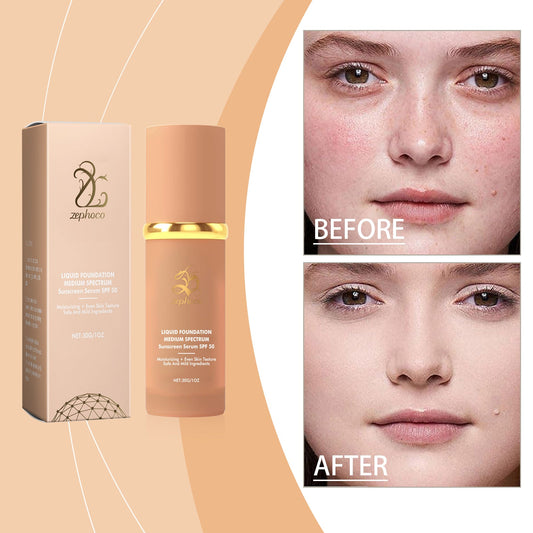 Moisturizing sunscreen foundation bottle with close-up of face skin finish comparison