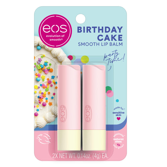 Lip balm set featuring two pink balm sticks in a blister pack with EOS Birthday Cake branding