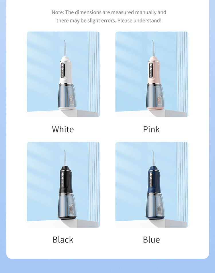 Portable electric dental flosser in white, pink, black, and blue options