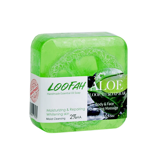 Green aloe loofah essential oil soap bar, front label visible