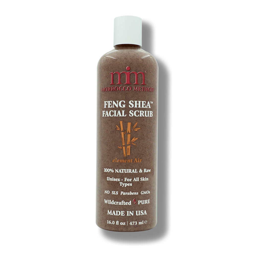 Feng Shea facial scrub bottle with brown liquid and white cap, front label