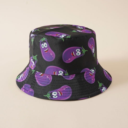 Black bucket hat with all-over purple eggplant cartoons and stitched brim
