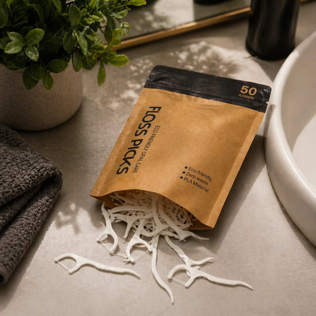 Floss picks pouch with 50 flossers, loose white picks on bathroom counter