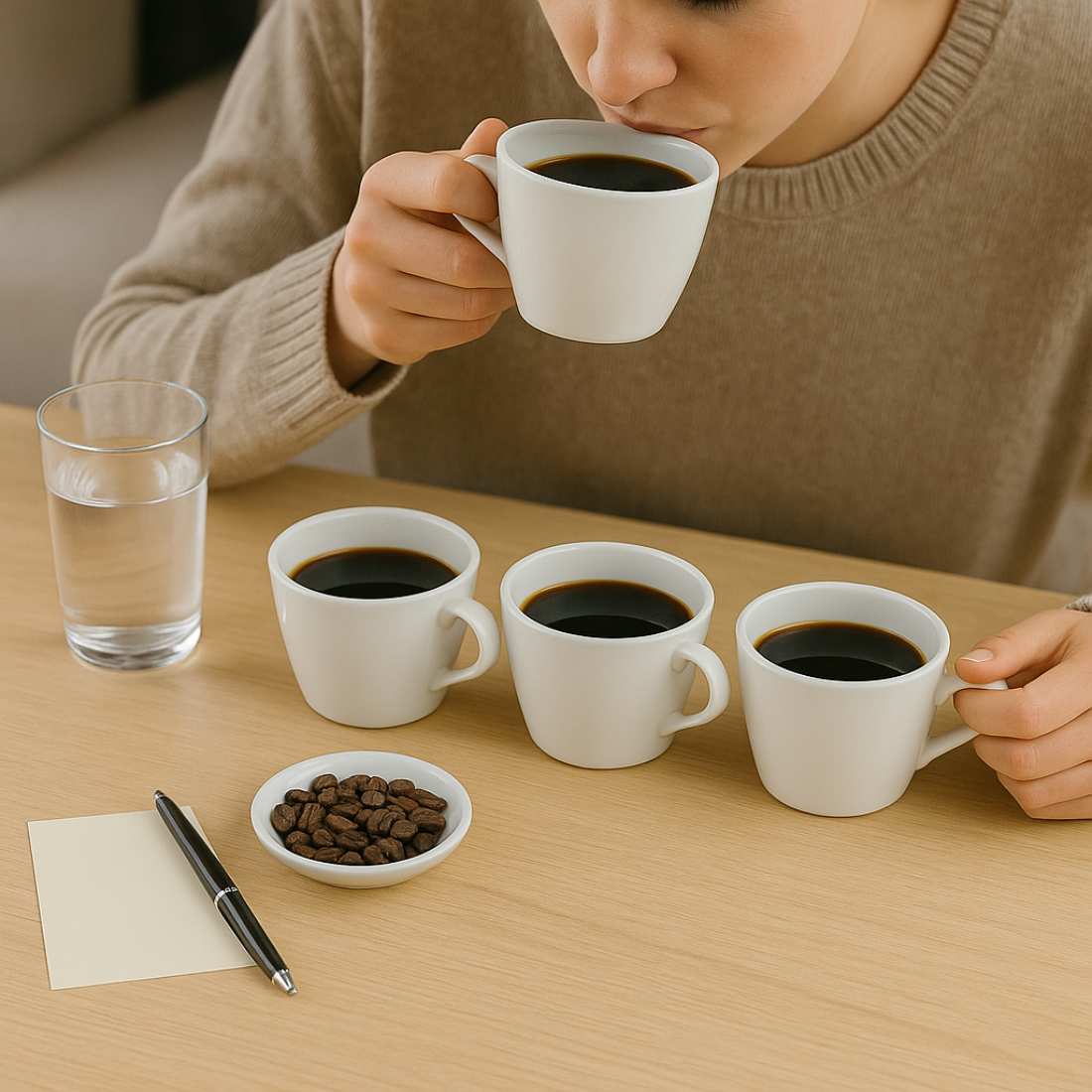 Coffee sampler pack with three white cups and roasted coffee beans
