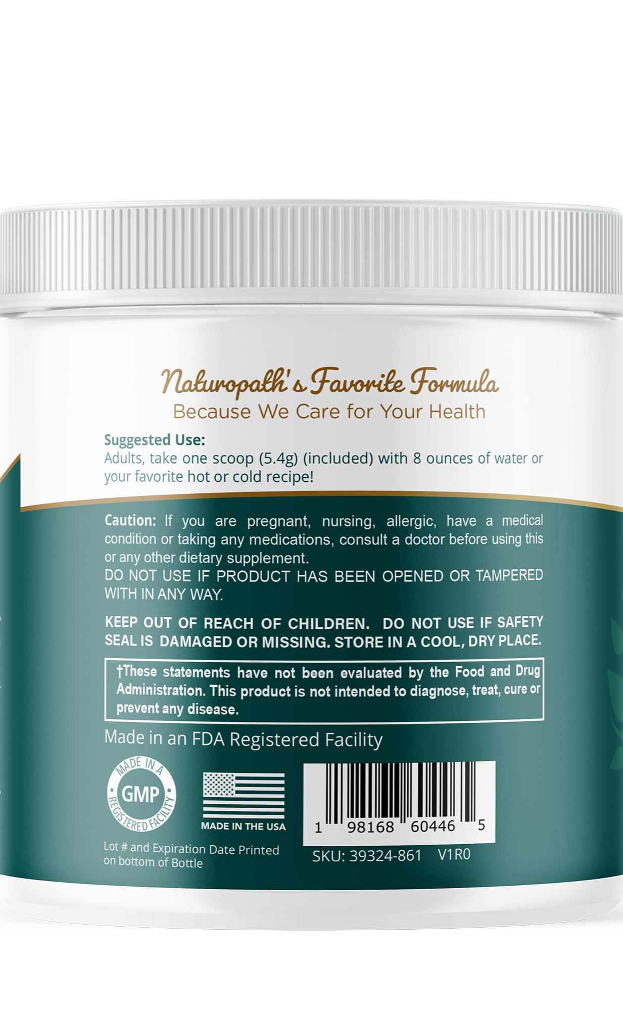 Care and directions label on green superfood blend supplement tub, ribbed lid