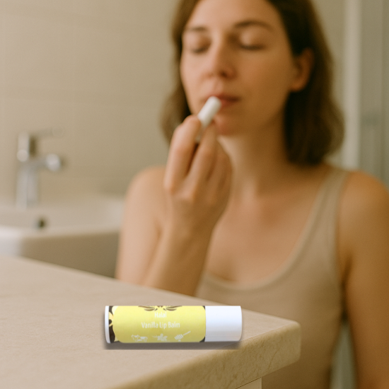 Vanilla halal tallow lip balm stick on block beside person applying balm