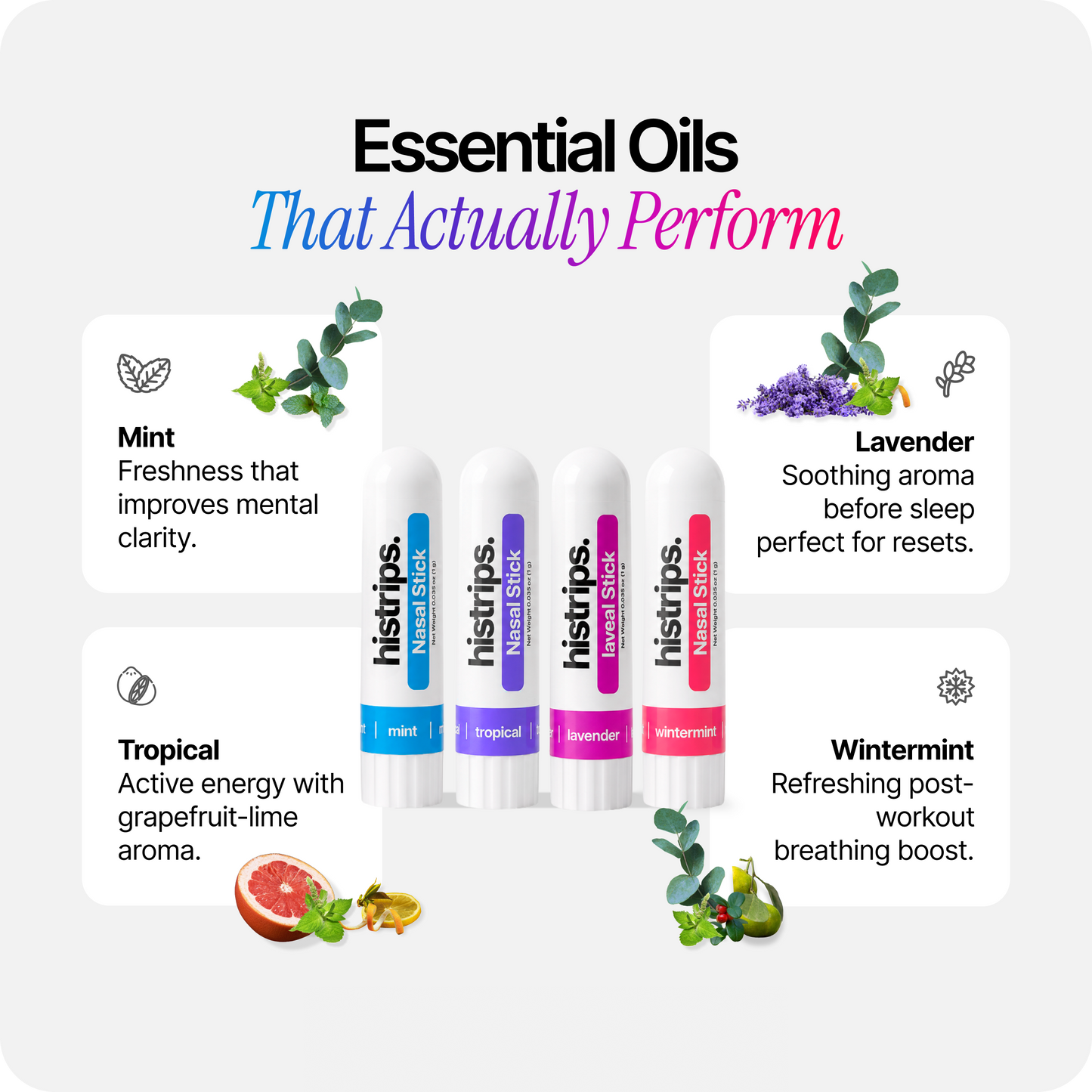 Essential nasal sticks for mint, tropical, lavender, and wintermint shown with scent icons