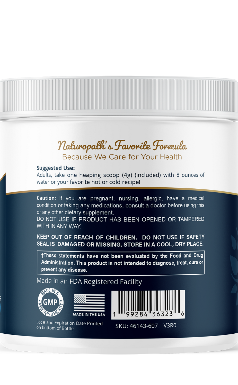 Electrolyte drink mix tub, back label with directions, warnings, and barcode