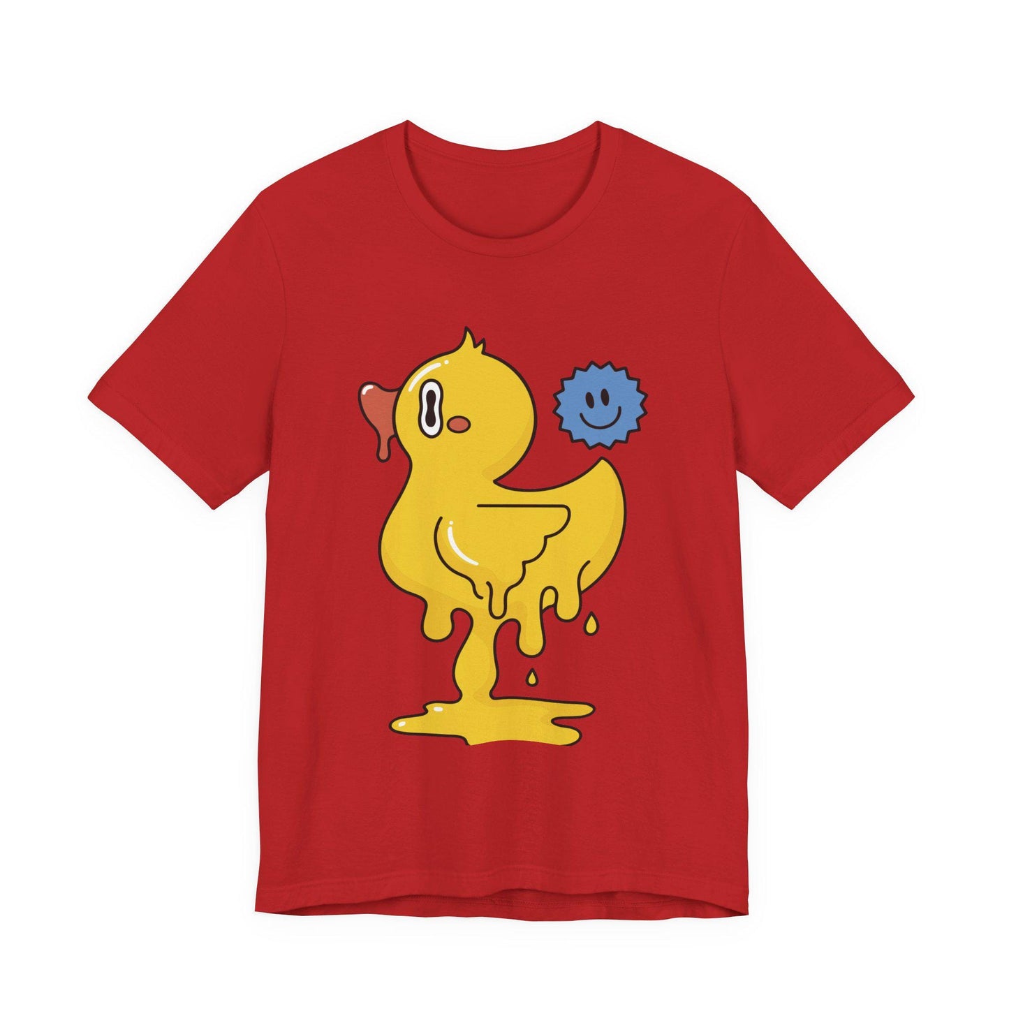 Red graphic duck T-shirt with yellow duck and blue bubble character