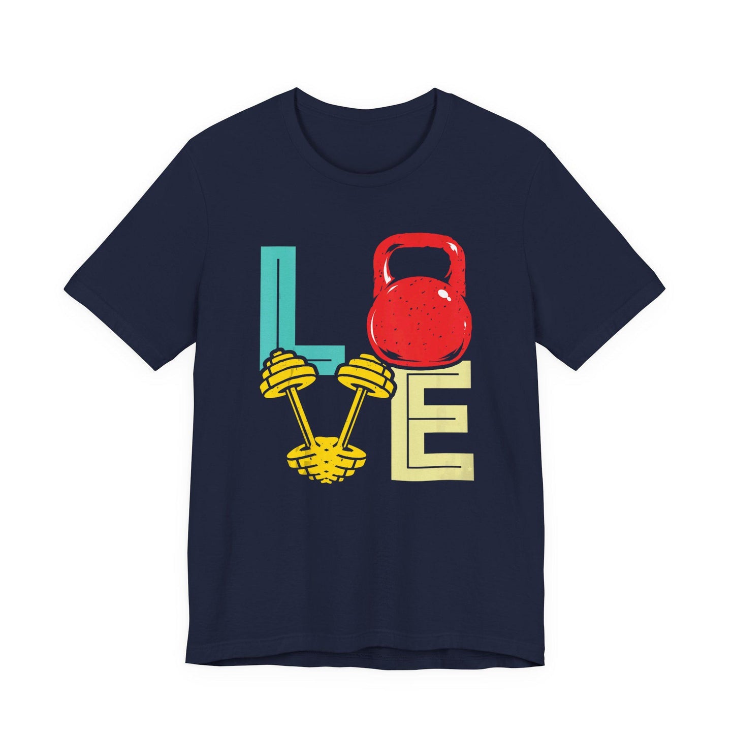 Navy gym love T-shirt with kettlebell and colorful 'LOVE' graphic