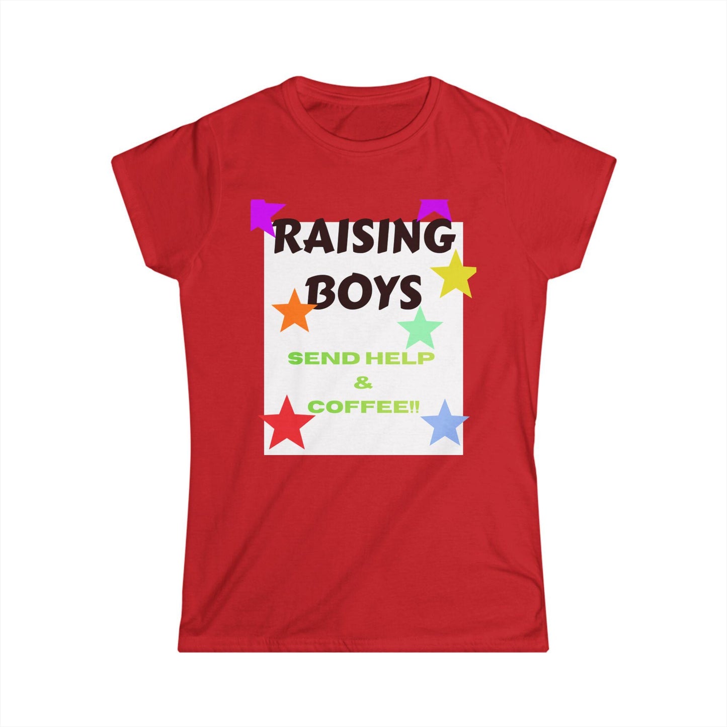 Red crew-neck T-shirt with 'RAISING BOYS' coffee-themed graphic