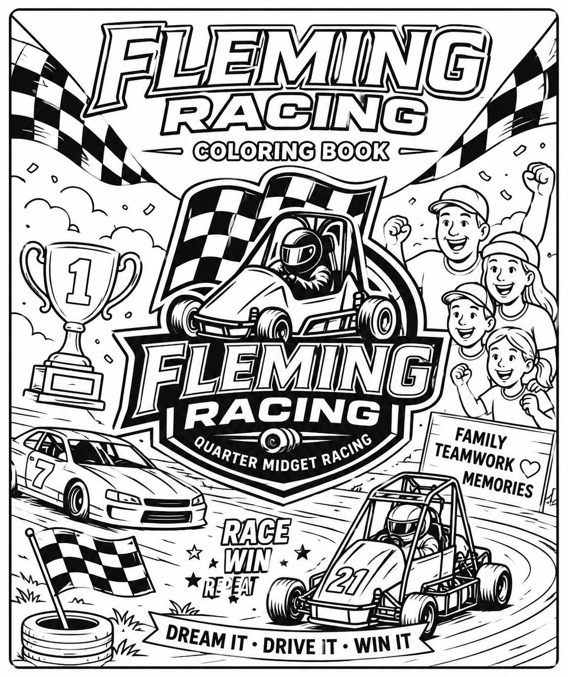 Racing cars and kids coloring book on black-and-white cover