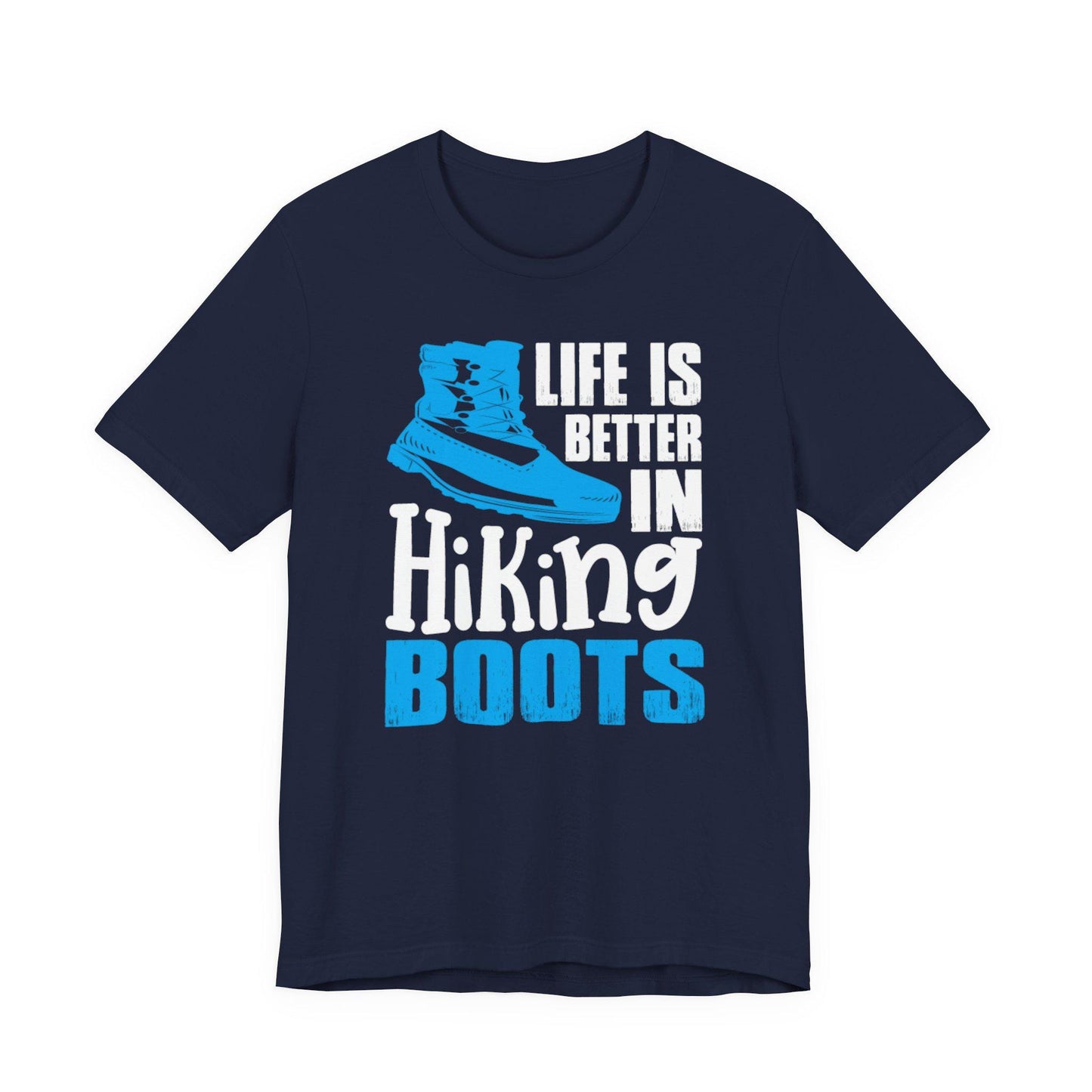 Navy graphic T-shirt with blue boot and text: Life is better in Hiking Boots