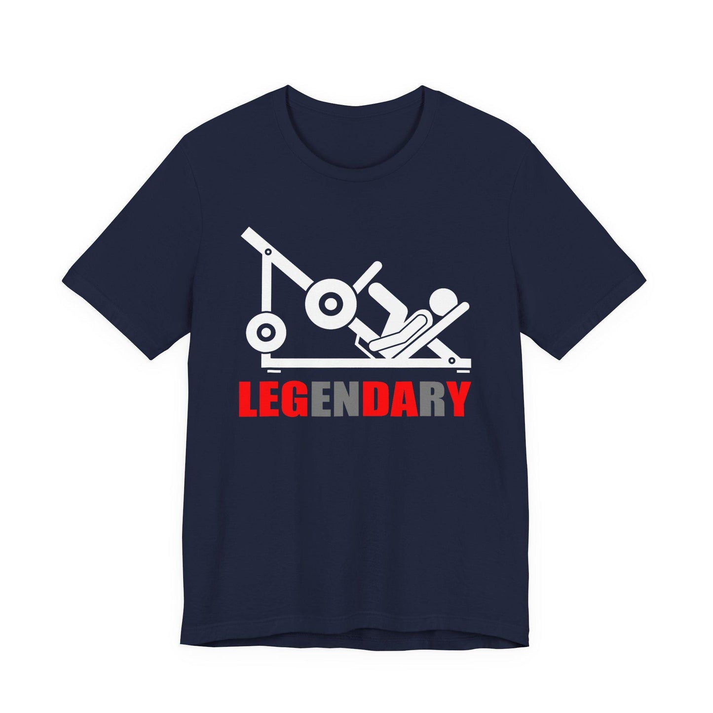 Deep navy crewneck T-shirt with white gaming graphic and red "LEGENDARY" lettering