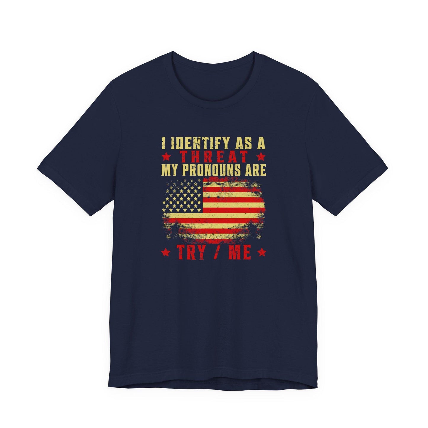 Navy crew-neck T-shirt with patriotic flag graphic and slogan print