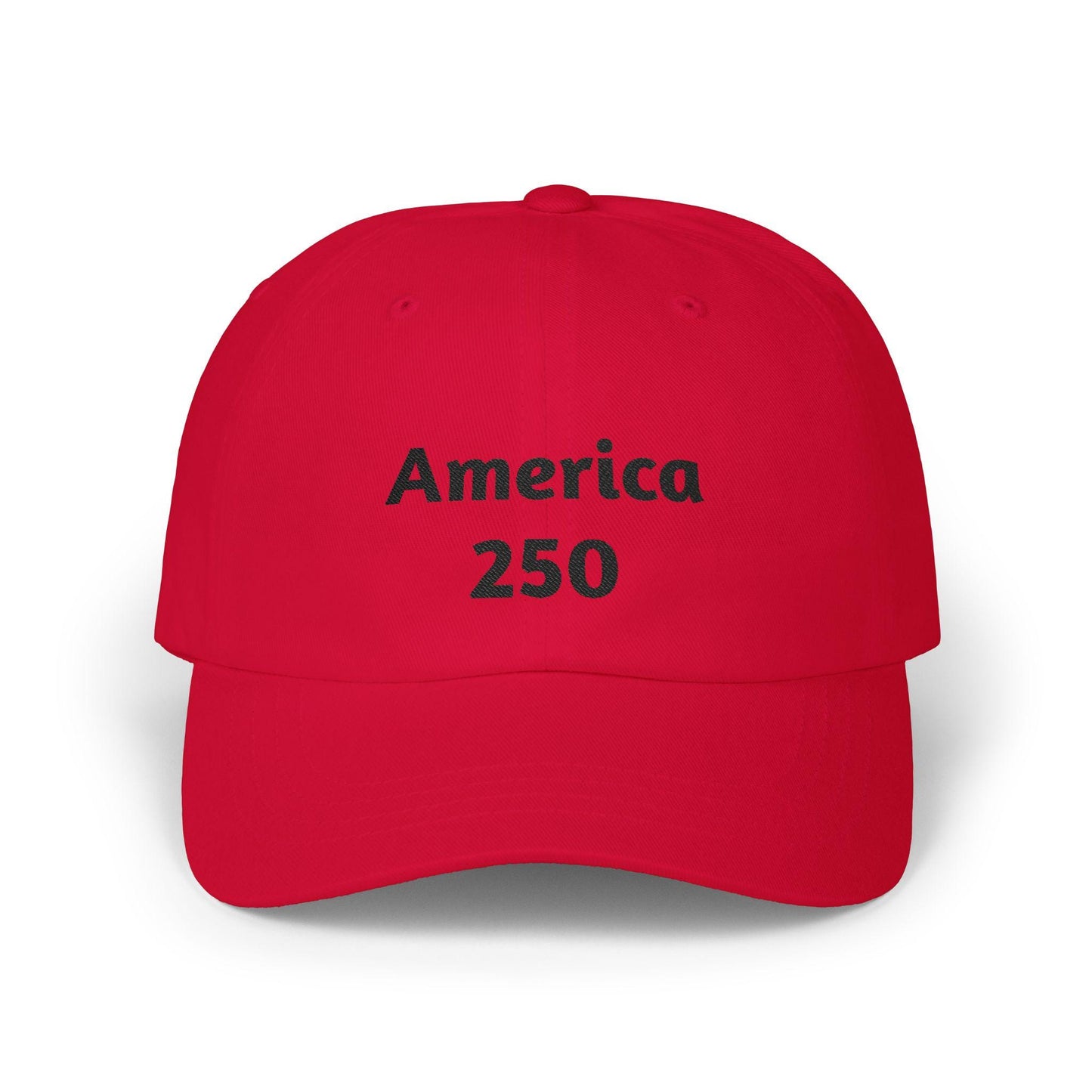 Red dad cap with embroidered 'America 250' front text