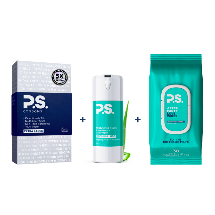 P.S. condoms, premium lube, and after-bath wipes set with navy condoms