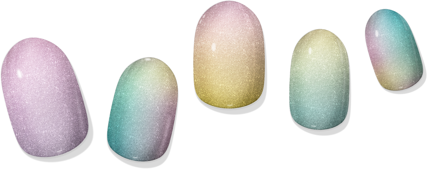 Set of five gel nails with iridescent purple, teal, and yellow ombré tips