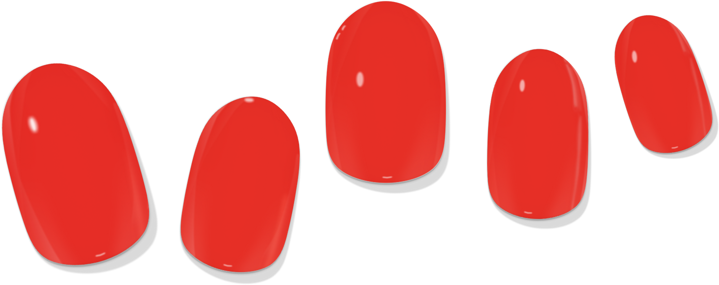 Red oval gel nail wraps on tips, five style swatches.