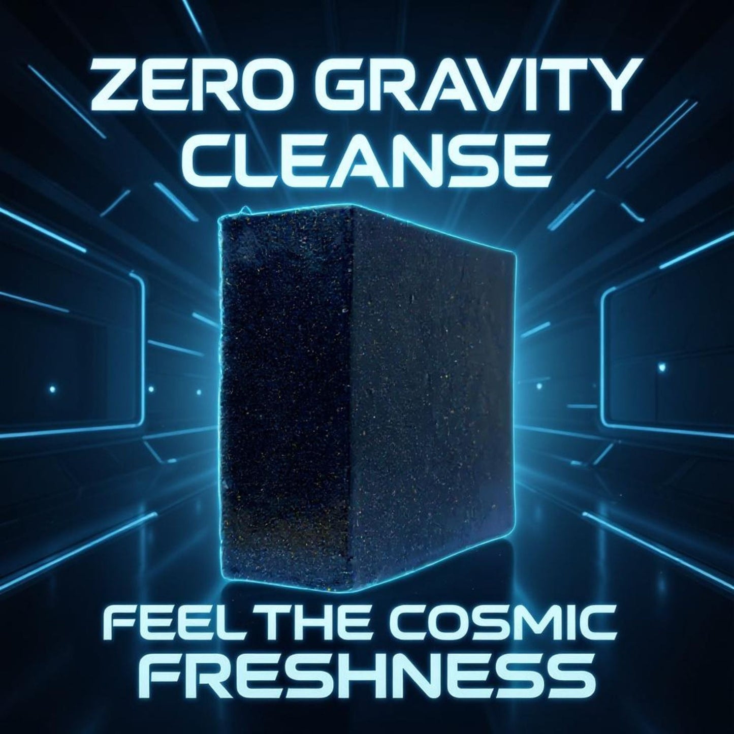 Zero Gravity soap cube, blue-speckled dark cube with neon glow accents