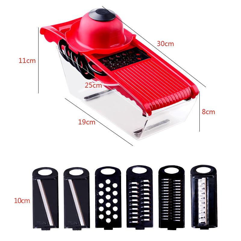 Red kitchen slicer with clear container, top dome handle, and six blade inserts with size labels.