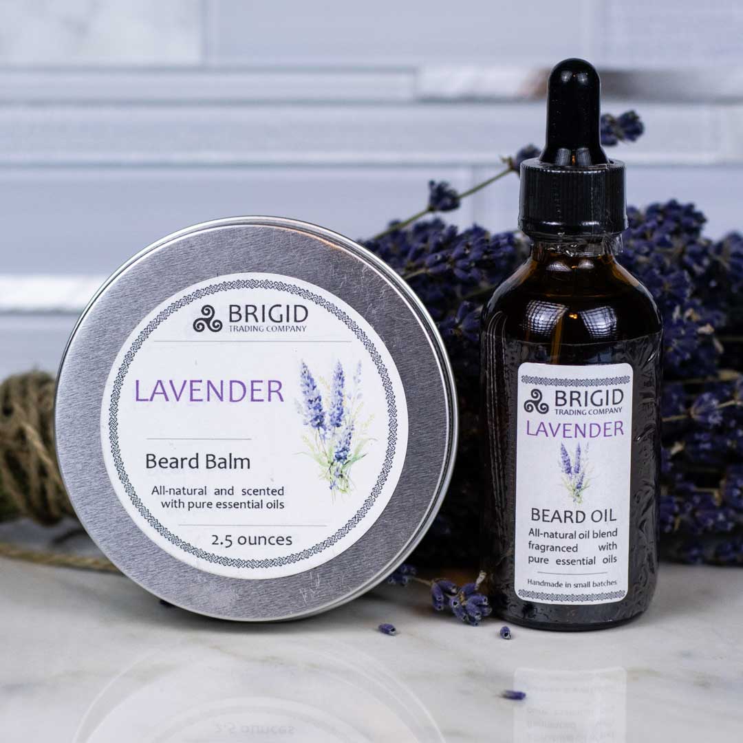 BRIGID lavender beard balm tin and BRIGID lavender beard oil bottle with essential oils