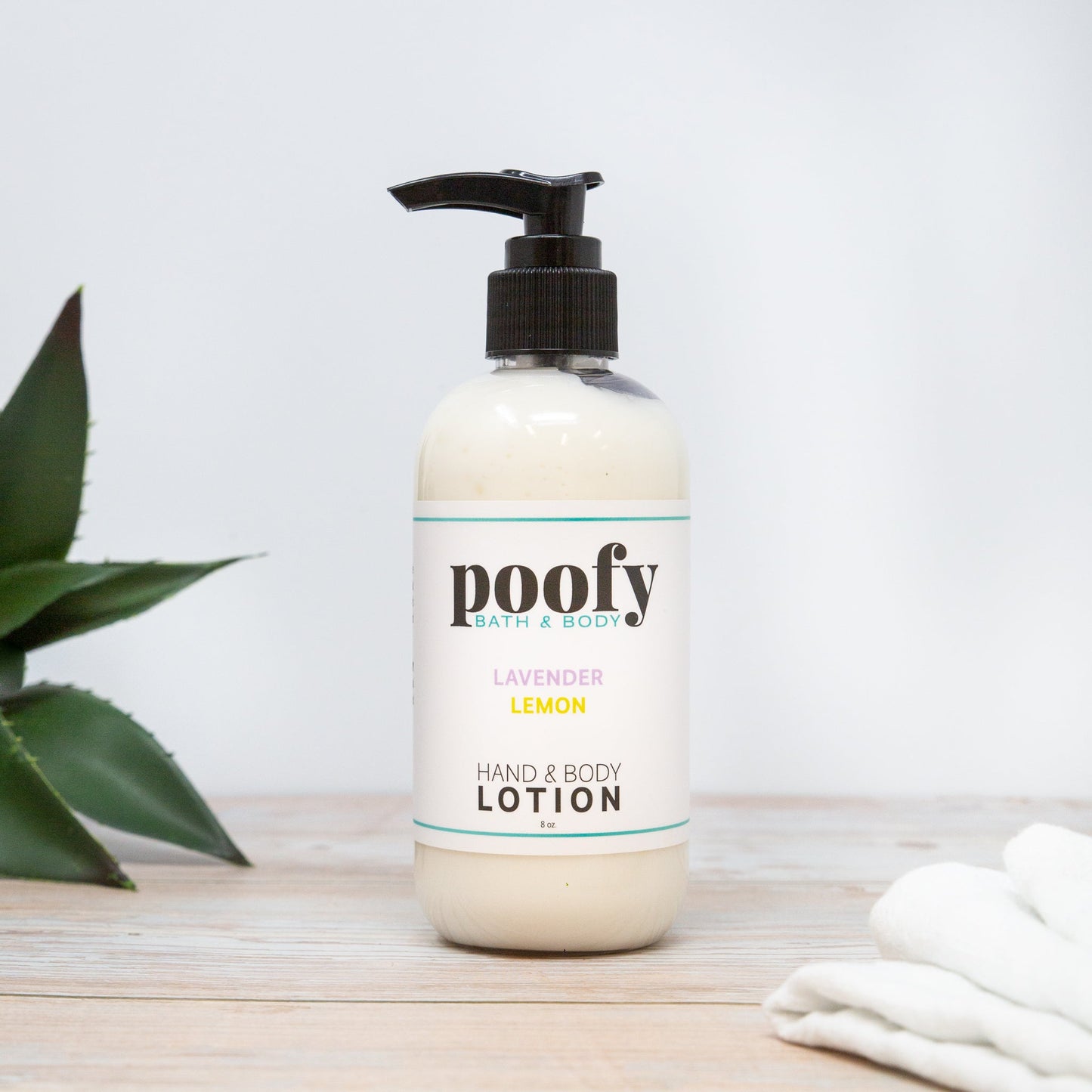 Hand and body lotion bottle with pump, poofy Lavender Lemon, white bottle