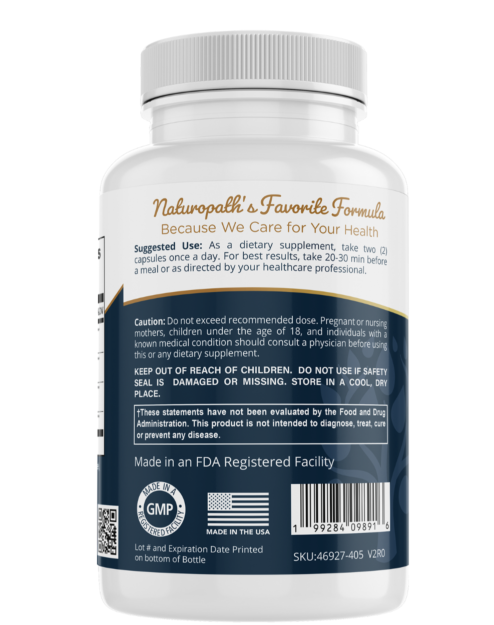 Organic maca supplement bottle with back label, usage notes, and GMP seal