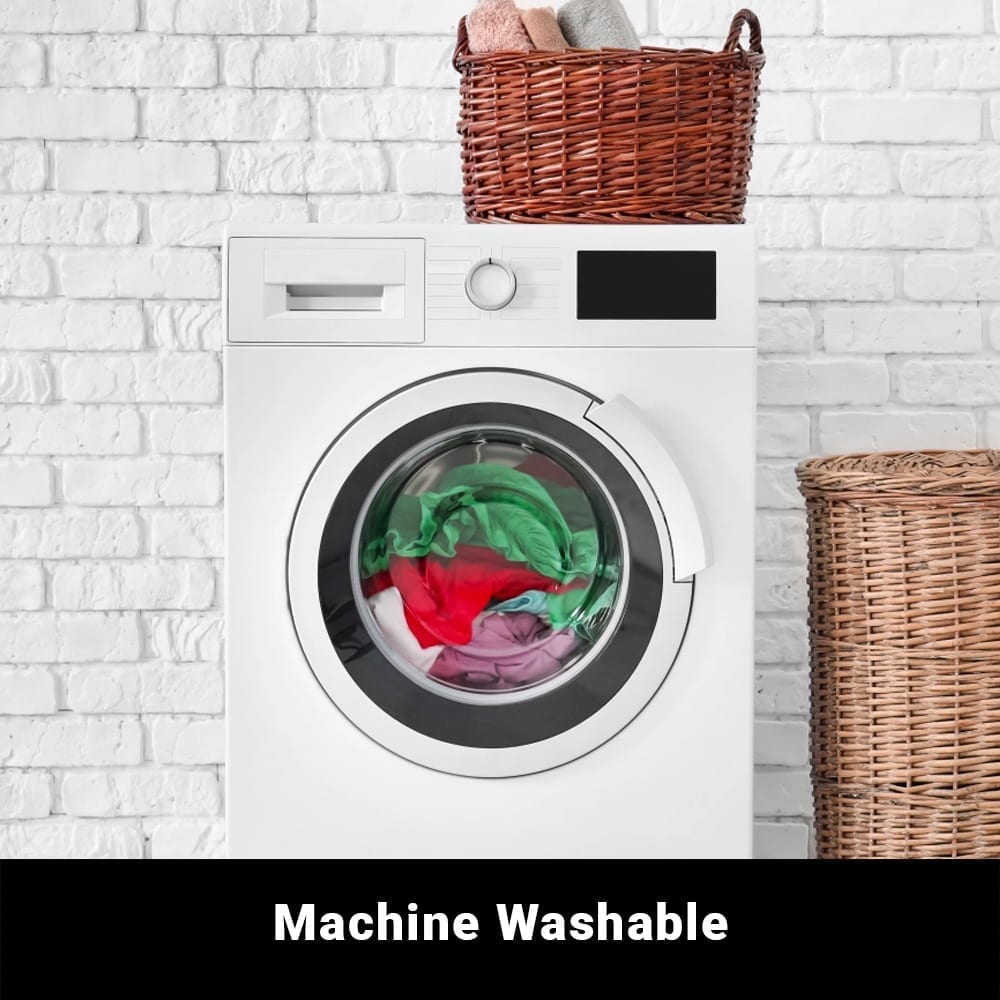 Baby beanie machine-wash instruction graphic with washing machine
