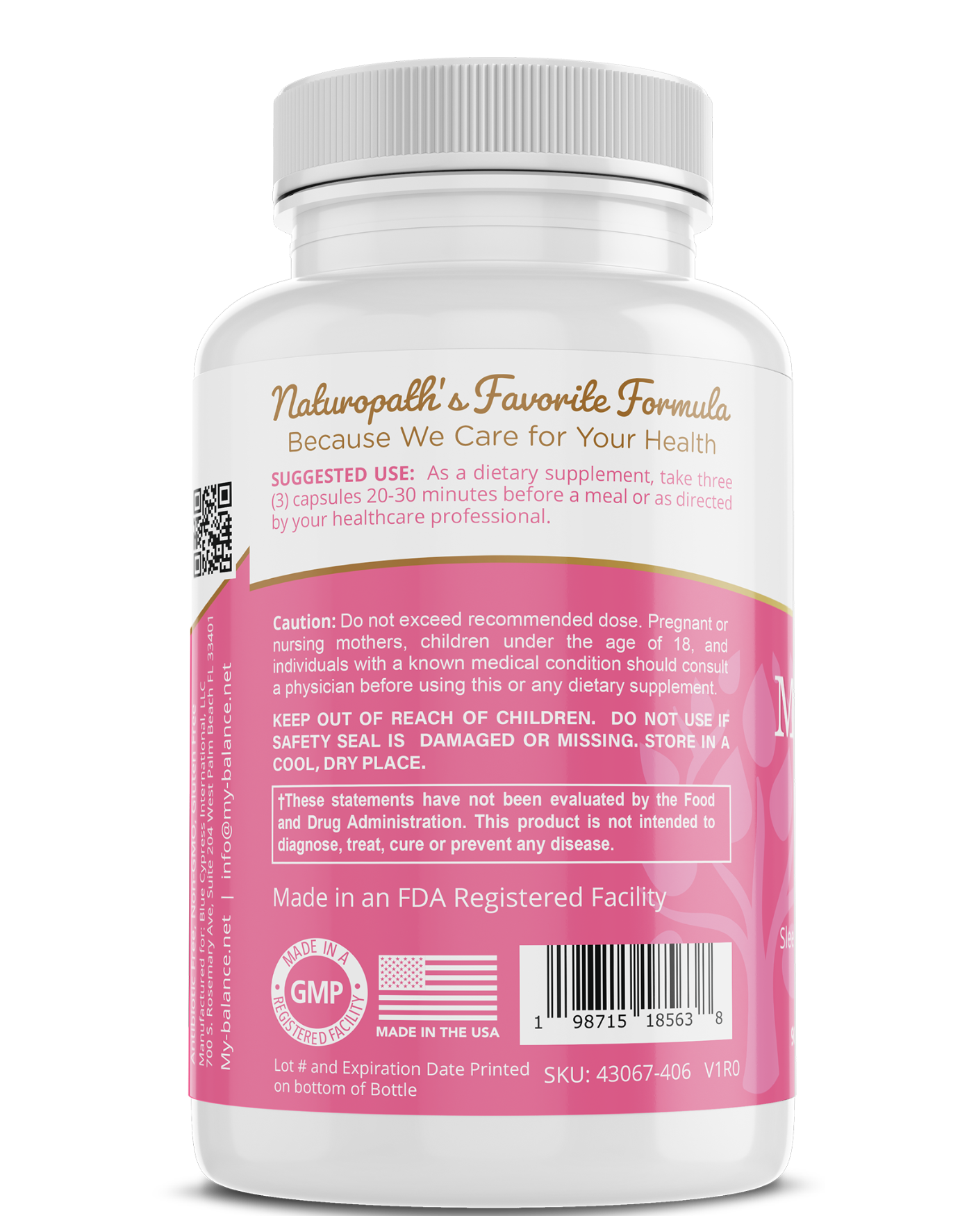 Supplement bottle with made in USA and GMP badge details, my balance nutraceuticals