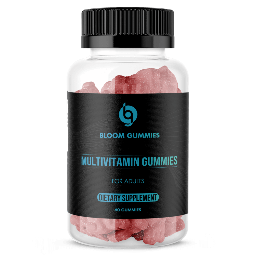 BLOOM by ZNETICS multivitamin gummies bottle with pink gummies, black label