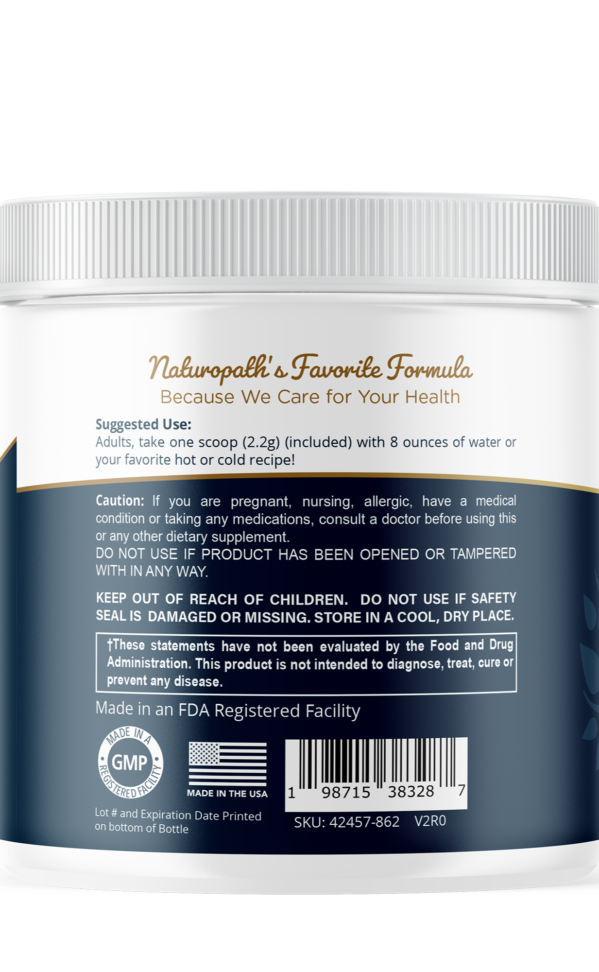 Back label on supplement jar with usage directions and cautions