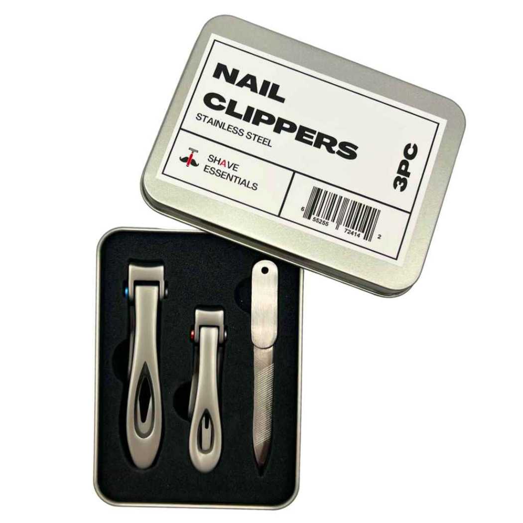 Stainless nail clippers and file in black case, 3-piece kit.
