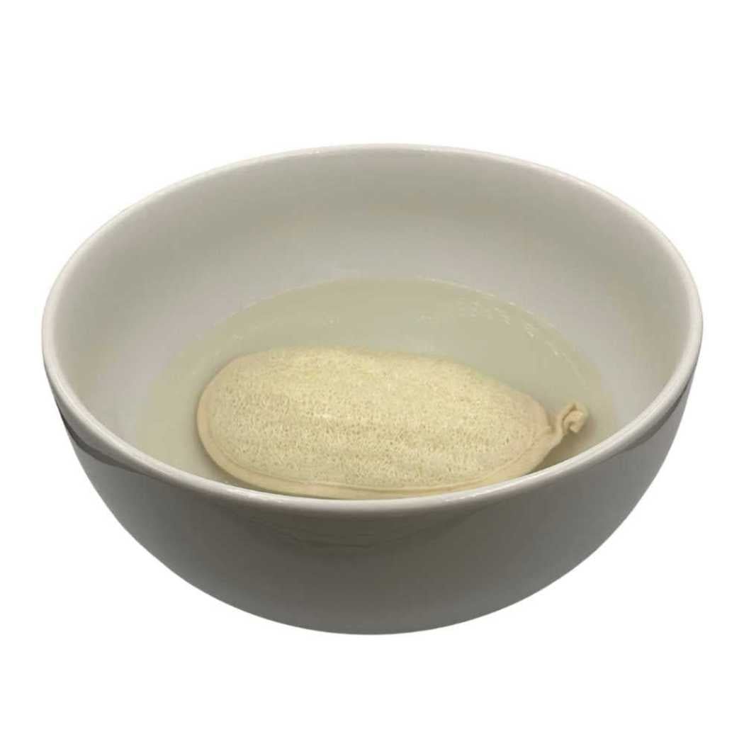 Loofah scrub pad soaking in a bowl
