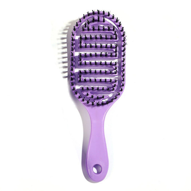 Massage hair comb with cushioned pad and purple bristle pins