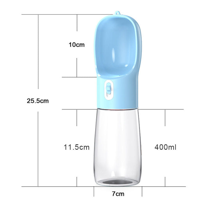 Light blue pet water bottle feeder with 400ml capacity and translucent lower container