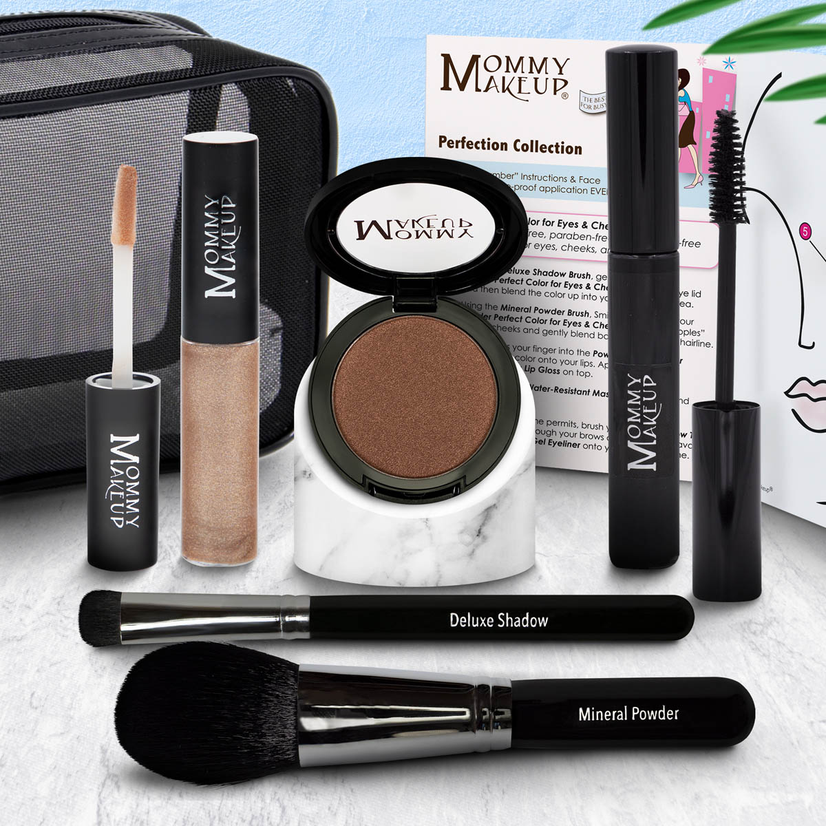 Makeup set: bronzer compact, bronze lip gloss, Deluxe Shadow & Mineral Powder brushes