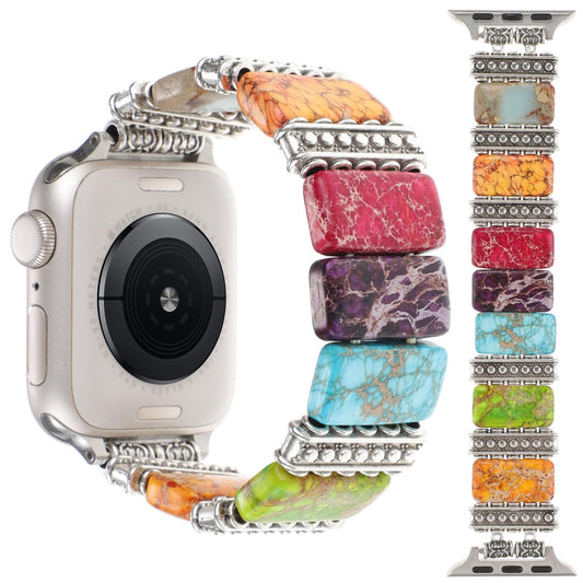 Boho Western Bracelet Compatible with Apple Watch Band 38/40/41/42/44/45/46/49mm WomenHandmade Natural Jasper Imperial Stone Elastic Vintage Solo Strap for iWatch Series 10 9 8 7 6 5 4 3 2 1 Ultra 2/SE(Mix Color 38/40/41/42mm(Series 10) L:6.6-7.1) - Renee Lane Company