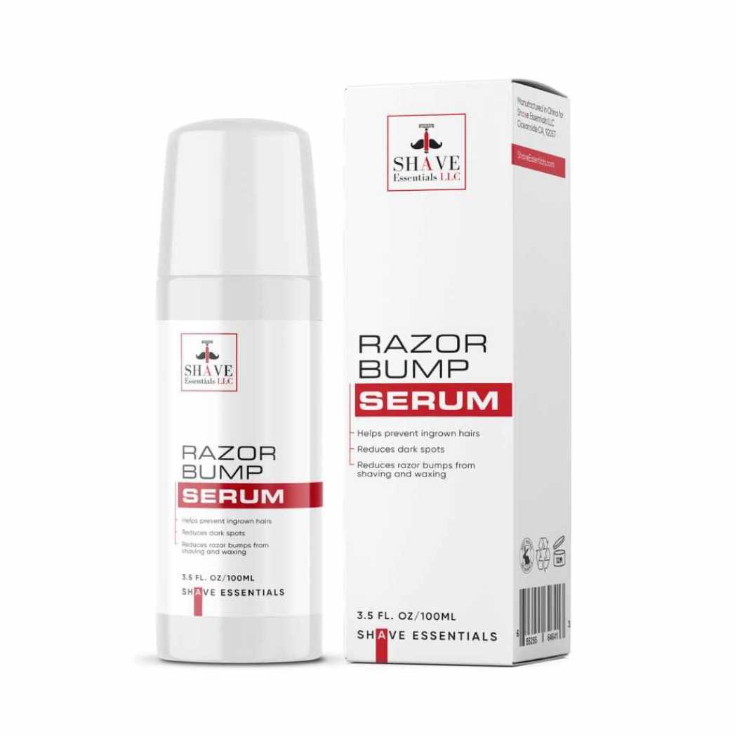 Razor Bump Serum pump bottle and box set, white with red stripe label