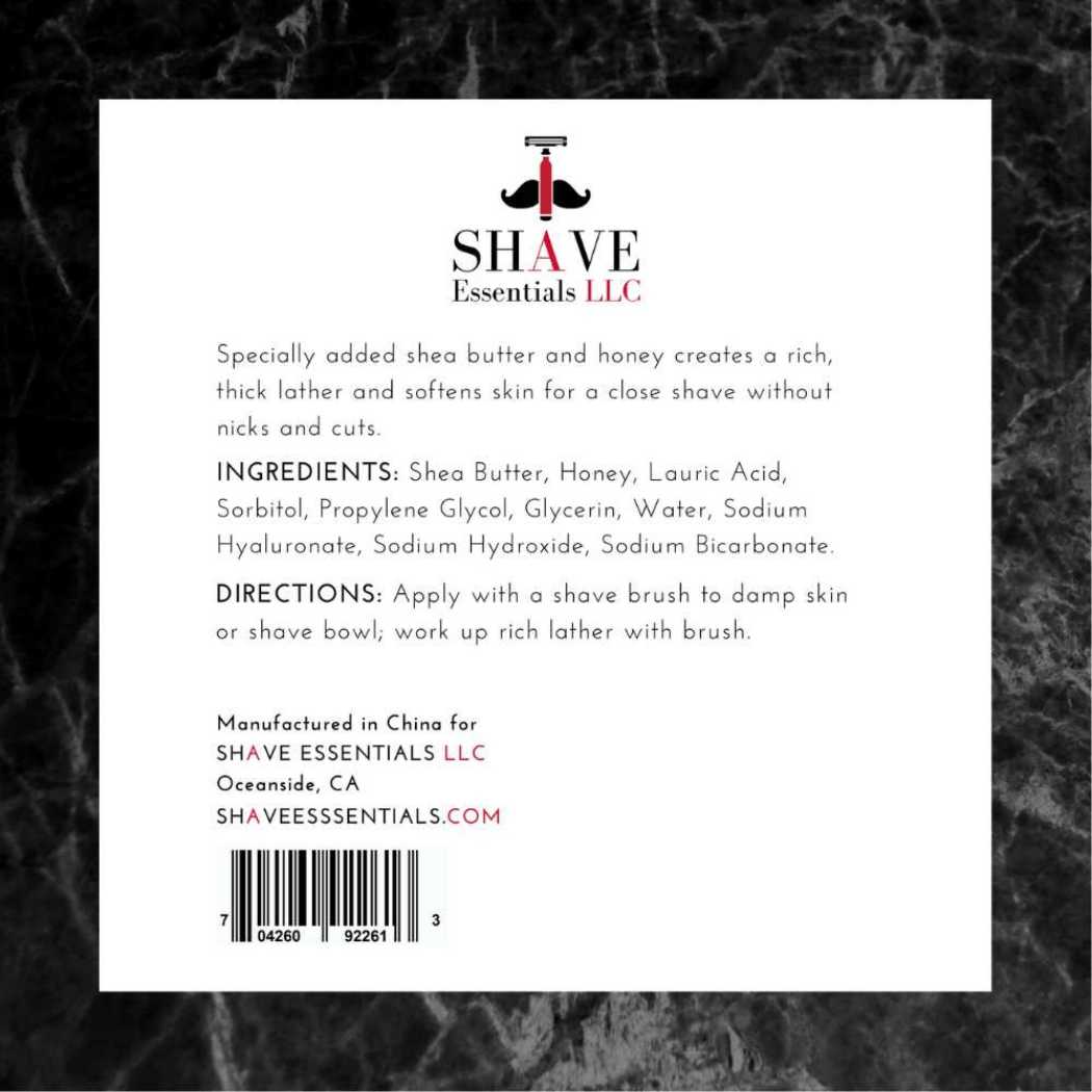 Shaving soap package back panel with ingredients and directions