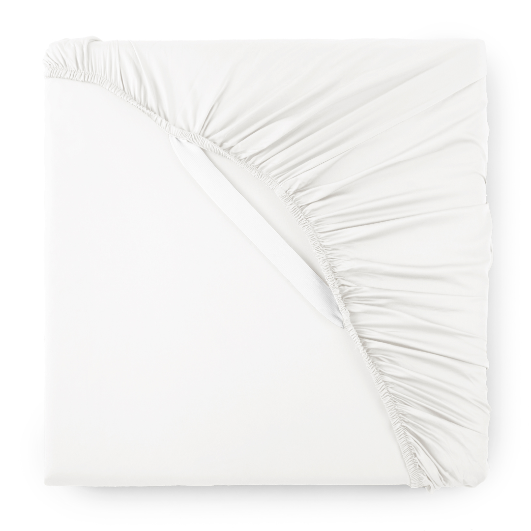 White fitted massage table sheet with gathered skirt edge