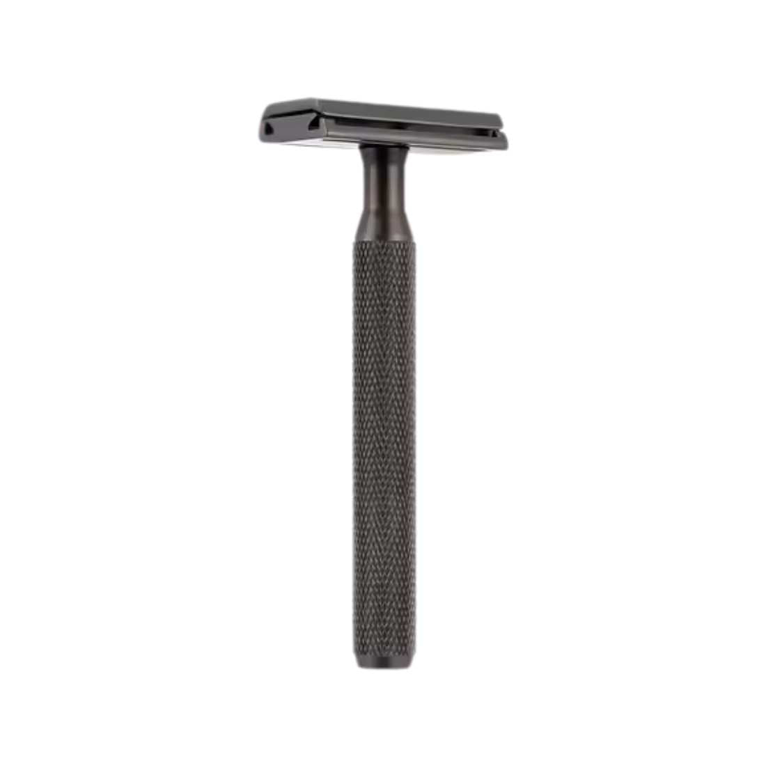 Matte black safety razor with textured handle and double-edge head