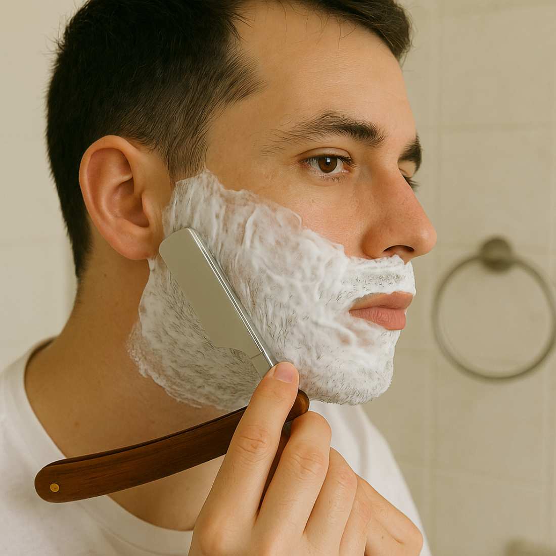 Straight razor used for wet shaving, wooden handle near chin